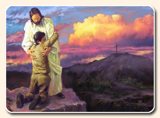 homem apego a Cristo com uma cruz a distância