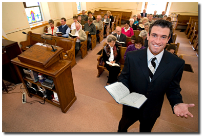 preacher and congregation in church building